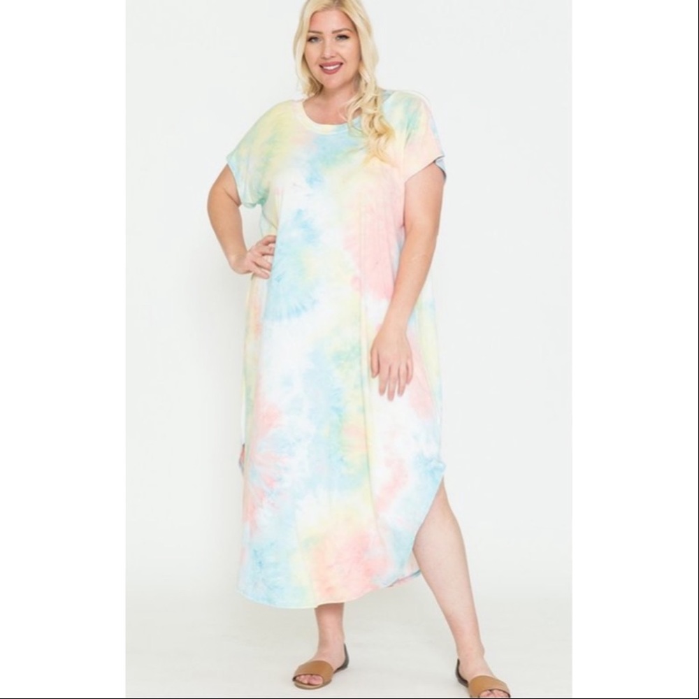 5⭐️ Tie Dye Pastel Wrinkle Free Midi Dress Plus